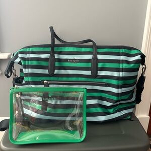 Kate Spade navy, green & blue Striped nylon weekender duffle with cosmetic case